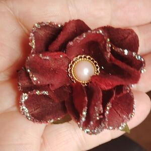 Handmade Velvety Red & Glitter Rose Flower Hair Clip Lapel Tie Scarf Jewelry